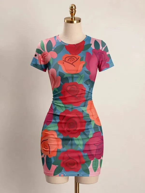 Womens Short Sleeve Bodycon Mini Dress Slim Fit Crew Neck Floral Print Casual Summer Party Cute Casual Weekend Vacation Sundress