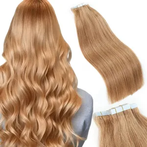 Tape in Echthaar, erdbeerblond, gerade, Tape in Haarverlängerungen, Echthaar, nahtloser Hauteinschlag, Tape in Haarverlängerungen