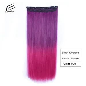 Jeedou Straight Blue Rainbow Balayage Ombre Color Clip In One Piece Hair Extension Synthetic Halloween Cosplay Hairpiece