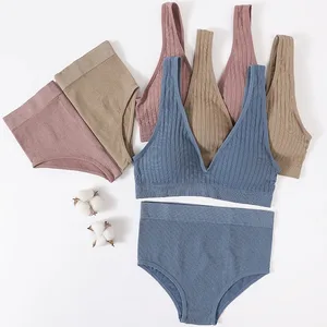 Women Bra Brief Set Deep V Ribbed Bra Se