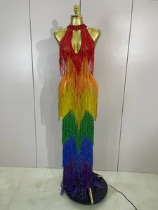 Frauen Sparkly Diamonds Graduated Rainbow Color Langes Kleid Sexy Mesh Abend Party Geburtstag Club Kleider Fotoshooting Bühnenkostüme