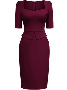 Dames elegante vierkante hals korte mouw werk kantoor knielengte effen zakelijk casual feest peplum potlood bodycon schede jurk