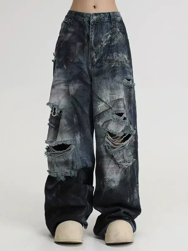 Jeans Lubang Inkjet Celana Lebar Hip-Hop Cuci Amerika Baru Pria Wanita Celana Lurus Jalanan Gotik
