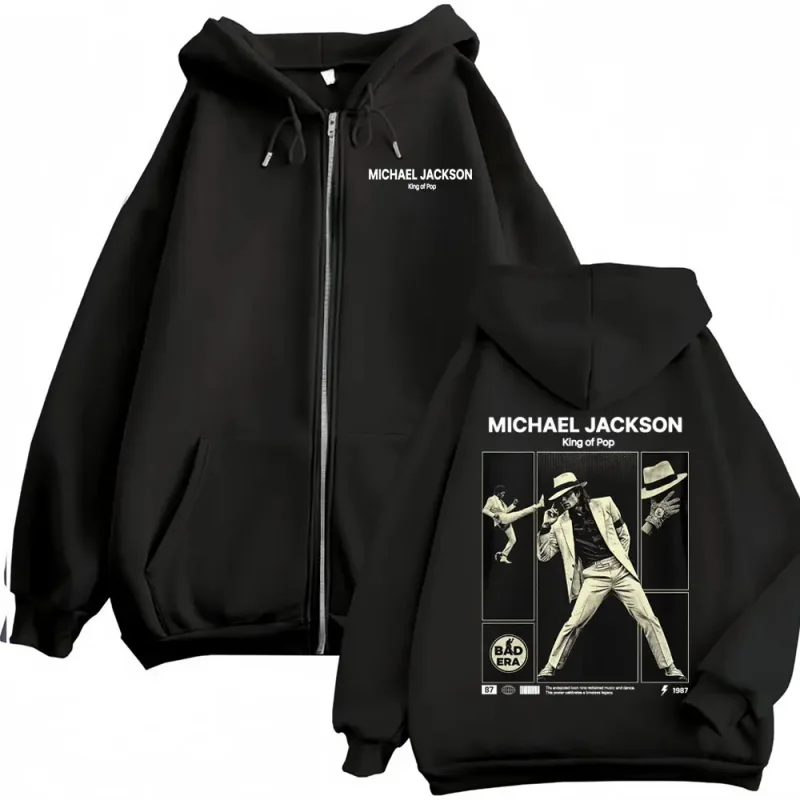 Michael Jackson King Of Pop Zip Up Hoodie Pakaian Pria Klasik Vintage Jaket Kaus Harajuku Bulu Ritsleting Berkerudung Mantel