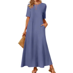 Nữ Mùa Hè Áo Đầm Tay Ngắn Cổ Tròn Đầm Maxi Có Túi Áo Đầm Sundress Màu Trơn Một Đường Áo Dài