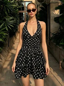 Vintage Chấm Bi Dây Đầm Nữ Cổ Chữ V Sâu Hở Lưng Vải Xếp Eo Tầng Xù Đầm Retro Đảng Váy Ngắn