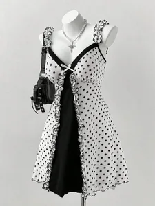 Plus size y2k vestido de bolinhas babado guarnição arco frente cami mini vestido sexy doce estilo coquete vestido de festa para mulher
