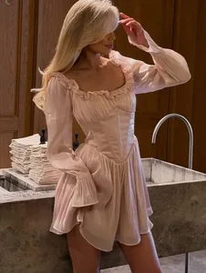 Abito elegante con volant con colletto quadrato, abito da donna chic solido, maniche lunghe, vita aderente, abiti corti, abiti da strada sexy da donna
