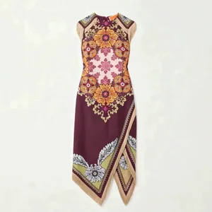 Vintage Bohemian Scarf Print Midiklänning Kvinnor Elegant Blommig Ärmlös Omlottklänning Sommar Asymmetrisk Näsduk Fåll Fransar