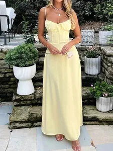 Robe longue élégante à bretelles, dos nu, mode d'été pour femmes, col rond, smockée, couleur unie, robe de soirée Slim