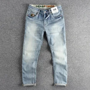 Celana Jeans Putih Tanah Biru Muda Cuci Baru Celana Remaja Kasual Retro Kaki Lurus Kecil Merek Fashion Amerika Musim Semi Pria