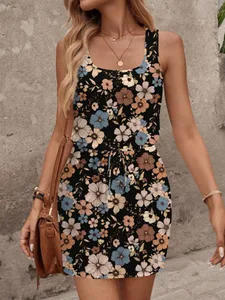 Vestido feminino casual primavera/verão com estampa floral sem mangas