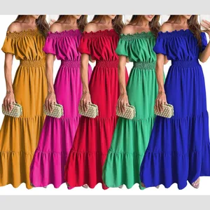 2025 Summer Solid Boho Dress Women Fashion Elegant Beach Party Dress Casual Slash Neck Office Maxi Dresses For Woman Robe Femme