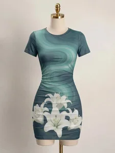 Naisten lyhythihainen Bodycon-minimekko Slim Fit pyöreäkauluksinen kukkaprintti rento kesäjuhla söpö mukava loma loma aurinkomekko