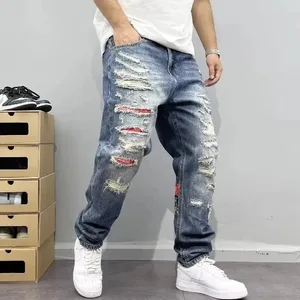 Forår og efterår Ny modetrend Rippede lige ben Elastiske jeans til mænd Casual Løse retro sport high-end jeans 28-36