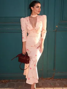 Trendix Elegant ดอกไม้พิมพ์ชุด Maxi ผู้หญิงเอวสูง Patchwork ชุดเดรสแขนสั้นเซ็กซี่ลึก V คอชุดราตรีหรูหรา