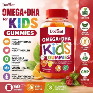 Docteat Omega+DHA Kids gumicukor algából származó DHA-val C-vitamin és Chia olaj Omega-3 6 9 az agy és a látás támogatására 60 gumicukor