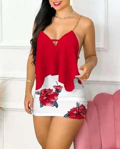 Pakaian Wanita 2024 Fesyen Musim Panas Cetak Bunga Asimetri Tali Rantaian Seksi Tanpa Belakang V-Leher Tanpa Lengan Bodycon Set Pakaian Mini