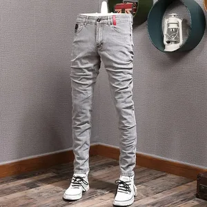 Fashion Designer Men Jeans Retro Gray Stretch Slim Ripped Jeans Panlalaking Elastic Pantalon Vintage Casual Denim Pencil Pantalon Hombre