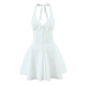 Mini Robe blanche à col licou, Sexy, décolleté en V profond, mode femme, dos nu, ligne a, robes de soirée élégantes, Robe d'été à lacets