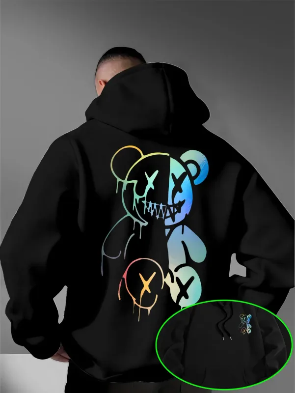 หลวมขนาดใหญ่ผู้ชายHoodies HolographicแยกEvil Bearด้านหน้าด้านหลังDualพิมพ์Pulloverเสื้อกันหนาวDark StreetทุกวันHooded Tops