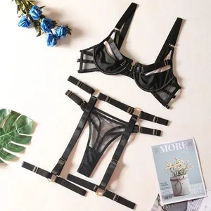 Áo Ngực + Quần Lót + Sọc + Chu Vi Đùi Đen Đỏ Khoét Hở Trong Suốt Gợi Cảm Nữ Bộ Đồ Lót Push Up Quần Lót phù Hợp Với