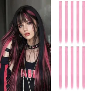 Synthetic Pink hair extensions 22 Inch Straight colored hair colorful clip Highlight Party for Kids and Women Gift