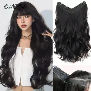 Extension capillaire synthétique longue bouclée et ondulée, postiche noire en forme de V, résistante à la chaleur, pour femmes