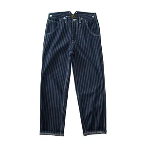 13.5oz paris fivela vintage listrado vertical cru azul denim jeans masculino amekaji perna larga solta reta babador terno calças bonito
