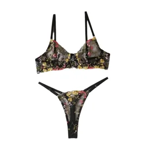 Conjunto de lingerie transparente boêmio ultrafino push up calcinha conjunto de sutiã elegante bordado floral roupa íntima menina
