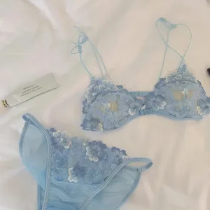 Ensemble de soutien-gorge brodé de fleurs romantiques françaises, Sexy, bretelles fines, sous-vêtements en dentelle sans couture, maille ajourée, Lingerie
