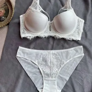 high quality sexy lace women bras and brief two piece set push up B C D cup hollow wire summer lingerie underwear black white