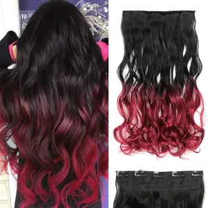 24 hüvelykes Ombre Dip Dye hosszú göndör kapocs hajhosszabbításhoz Két tónusú, vastag, teljes fejű szintetikus hajdísz (feketétől a sötétvörösig)
