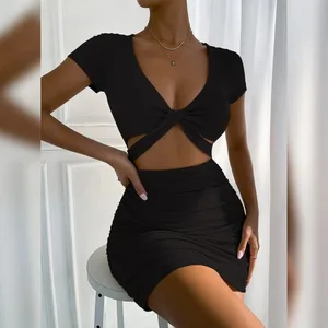 2022 الصيف الخامس الرقبة الجوف خارج عبر Bodycon فساتين المرأة الصلبة عارية الذراعين Ruched مثير فستان قصير Y2k نادي الحفلات ثوب أنيق