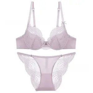 Hollow Thin Cup Women Lingerie Set Seamless Silk Satin Lace Embroidery Lingerie French Style Push Up Bra Set Women Intimates
