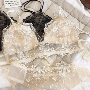 2 pièces Sexy dentelle fleurs broderie ensemble de sous-vêtements femmes Ultra mince ensemble de soutien-gorge sans fil confort brassière japon Lingerie intime