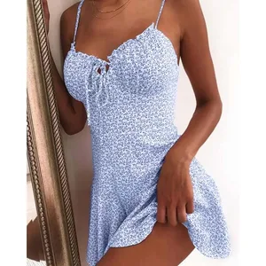 Blumendruck A-Linie Minikleider Sexy Lady Dating Camisole Trägerloses rückenfreies Kleid Boho Solide Strandkleidung