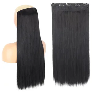 Cabelo longo e reto sintético, 5 clipes de extensão, clipes em fibra de alta temperatura, preto, marrom