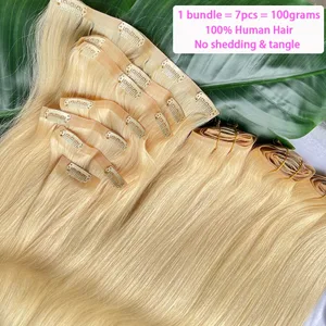 Rak #613 Blond Färg PU Inslag Sömlösa Klämmor i Människohår Förlängningar Osynlig 100 gram 7 Styck/Set Full Head Virgin Hair