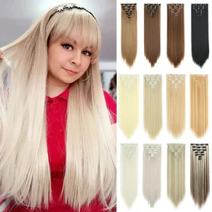 Extensions capillaires synthétiques longues et lisses à 16 clips, postiches blondes naturelles résistantes à la chaleur, 7 pièces/ensemble, pour femmes