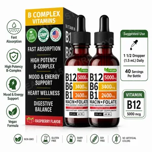 Vitamin B12 B6 Liquid Drops 60ml B Complex with B1 Niacin Folate Raspberry Vegan Daily Wellness Supplement 40 Servings Adults