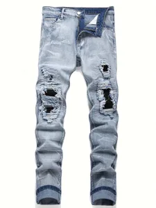 Rekbare denim jeans voor heren, streetwear, scheuren, patchwork, gaten, gescheurd denim, elastische taille, casual broek, slanke pasvorm, rechte broek