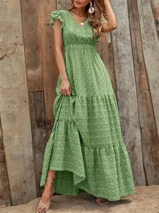 Novo vestido floral verde de verão com mangas voadoras, decote em V, cintura, estilo férias, saia longa elegante