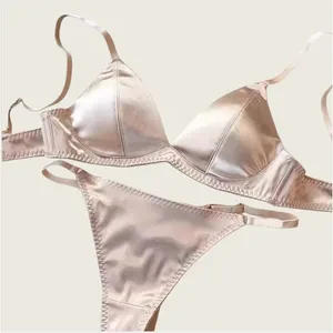 French-Style Sexy Triangle Cup Bra Set for Petite Busts Push-Up Underwire-Free Anti-Sagging Lightweight Satin Finish Bra