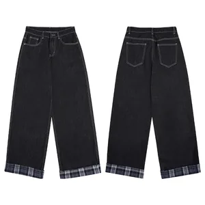 Pantalones vaqueros negros de mezclilla para hombre 2026, nuevo estilo americano, pantalones a cuadros a la moda, pantalones largos sin procesar de retales, pantalones rectos sueltos X2560