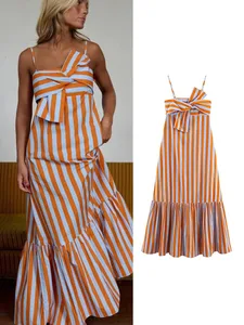 Mode Frauen Streifen Druck Sling Kleid Ärmellose Schleife Vorne Lose Fit Backless Lange Kleider Chic Dame Urlaub Robe
