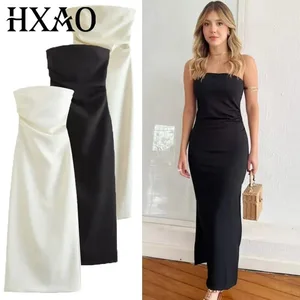 2025 Womens Strapless Dresses 여름 오프 화이트 블랙 화이트 드레스 미디 프릴 오프 숄더 백 레스 드레스 Prom Vestidos 066