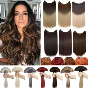 Syntetisk ingen klips i naturligt hårforlængelse Ombre Sort Blond One Piece Lang Lige Usynlig Tråd Falsk Falsk Hair Piece