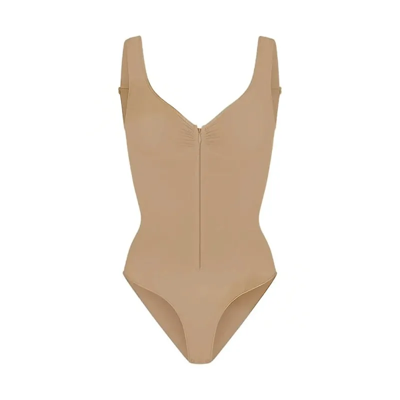 Fashion Solid Sleeveless Bodysuit For Women Elegant V-neck Zipper Slim Stretchy Tops Lady 2026 Spring Summer Chic Party Tank Top