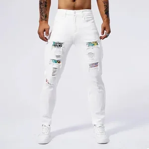Witte 97% katoenen jeans herenkleding nieuwe gescheurde slanke patchwork mode gat skinny elasticiteit denim broek mannelijke streetwear